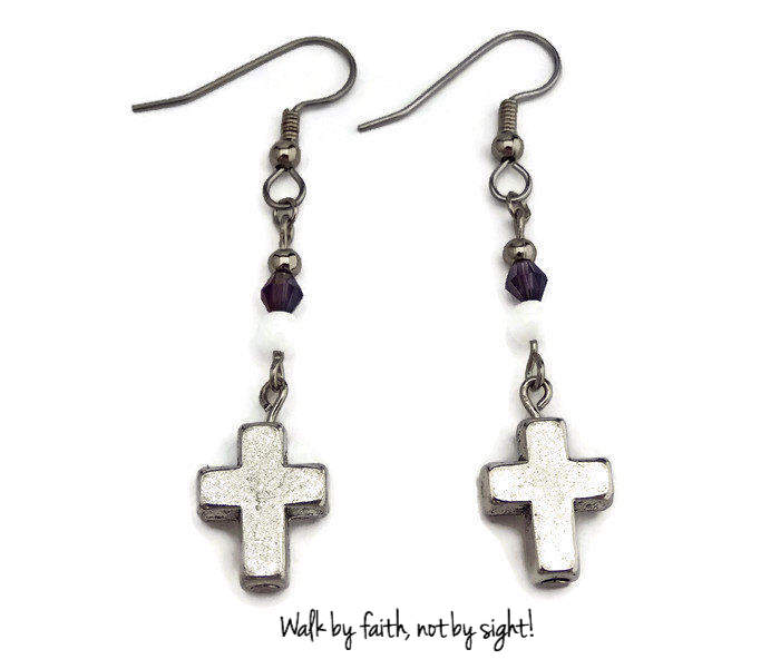 Silber Kreuz Ohrringe ~ Christian Schwarz Lila Und Weiß Sterling Ohrhänger Stein von HolyFireDesigns