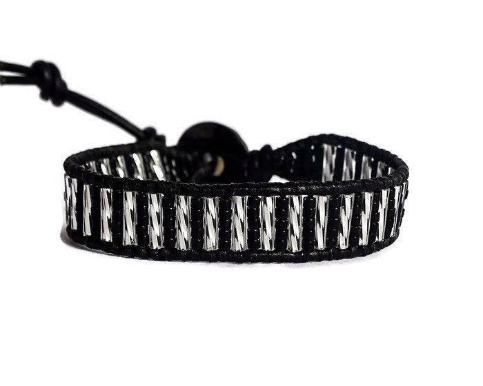 Wickeln Sie Armband ~ Perlen Lederarmband Wrap Schwarz Und Silber Einzigartige Weihnachts-Geschenk Für Ihr Gesegnet Schmuck Christian von HolyFireDesigns