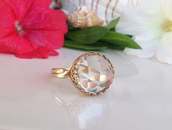 Bergkristall Ring - April Geburtsstein Runder Kronenring Goldring Echter Geburtssteinringe Versprechensring von HolyLandChic
