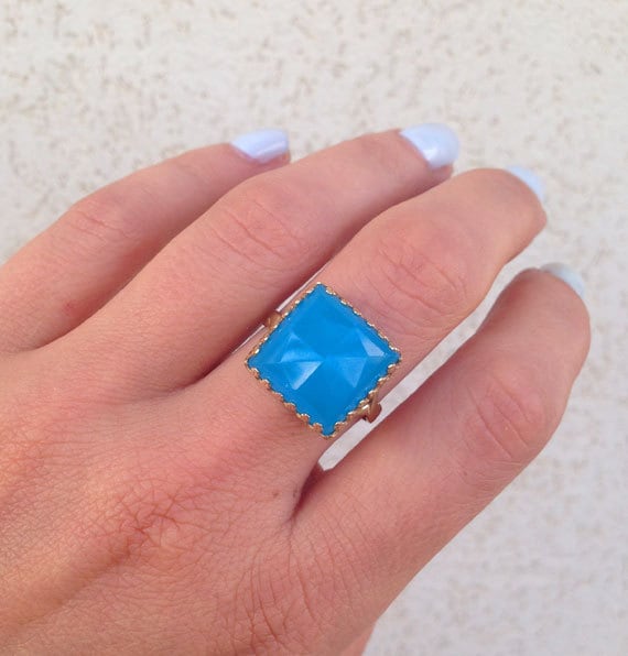 Blauer Chalcedon Ring - Platz Kronenring Gold Aqua Blau Stone Verlobungsring Rosenschliff Versprechen Sie von HolyLandChic