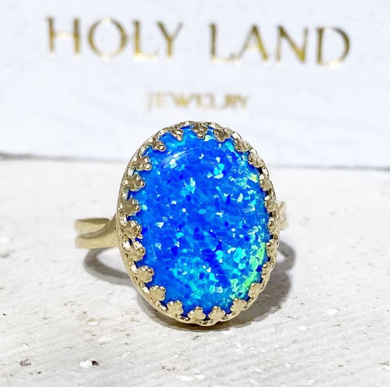 Blauer Opal Ring - Goldring Ovaler Kronenring Edelstein Schmuck Zierlicher Braut Geschenk von HolyLandChic