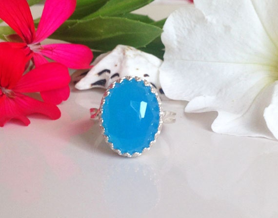 Chalcedon Ring - Ovale Krone Silber-Ring Aqua Blau Stone Verlobungsring Rose Geschliffene Chalzedon Versprechen von HolyLandChic