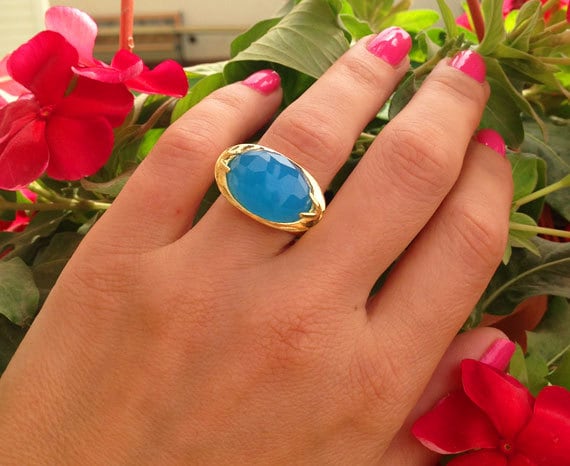 Chalcedon Ring - Ovaler Große Stein-Ring Cocktail-Ring Fett Stift-Set Gold Aqua Blau von HolyLandChic