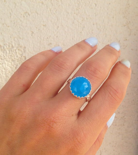 Chalcedon Ring - Runde Krone Silber-Ring Aqua Blau Stone Verlobungsring Rose Geschnitten Versprechen von HolyLandChic