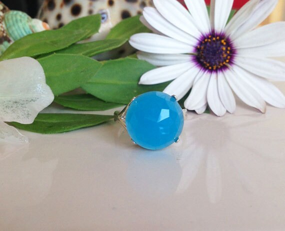 Chalcedon Ring - Runde Silber Aqua Blau Stein Verlobungsring Rose Geschnitten Versprechen von HolyLandChic