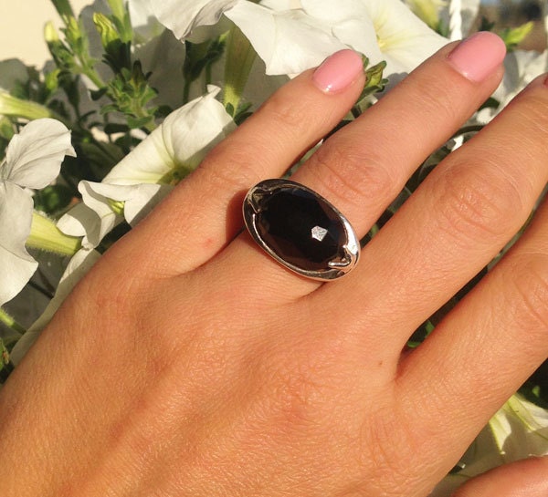 Echter Onyx Ring - Schwarzer Ovaler Große Stein Cocktail-Ring Fett Prong Set Sterling Silber von HolyLandChic