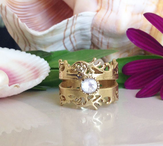 Klar Quarz Ring - April Birthstone Statement Edelstein-Ring Gold Weißer Topas Stift Einstellung von HolyLandChic