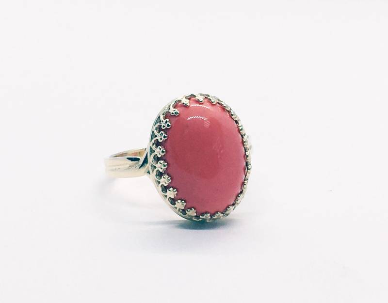 Koralle Ring - Echte Edelstein Oval Krone Rosa Pfirsich Vintage Band Orange Gold-Ring von HolyLandChic