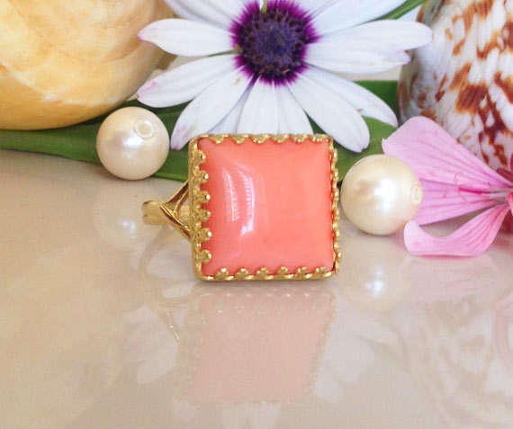 Koralle Ring - Echter Edelstein Rosa Pfirsich Vintage Band Orange Gold von HolyLandChic