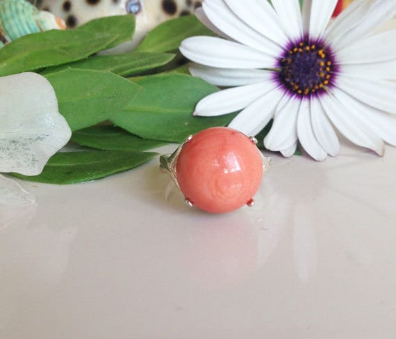 Korallen Ring - Runde Edelstein Rosa Edelstein-Ring Pfirsich Koralle Jahrgang Band Orange Silber von HolyLandChic