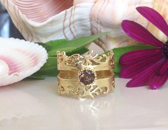 Rauchquarz Ring - Braun-Ring Echte Edelstein Stift Einstellung Zarter Filigran Gold von HolyLandChic