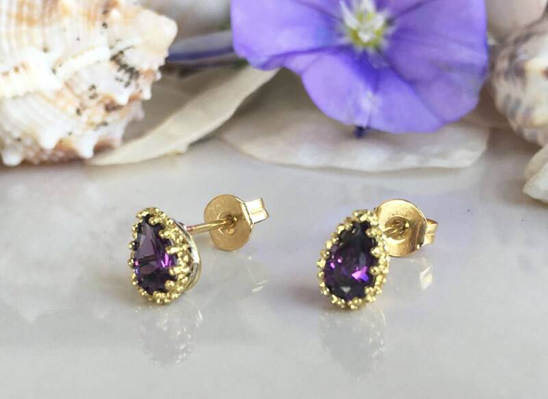 Amethyst Ohrringe - Lünette Set Februar Birthstone Schmuck Teardrop Post Einfache von HolyLandJewelry