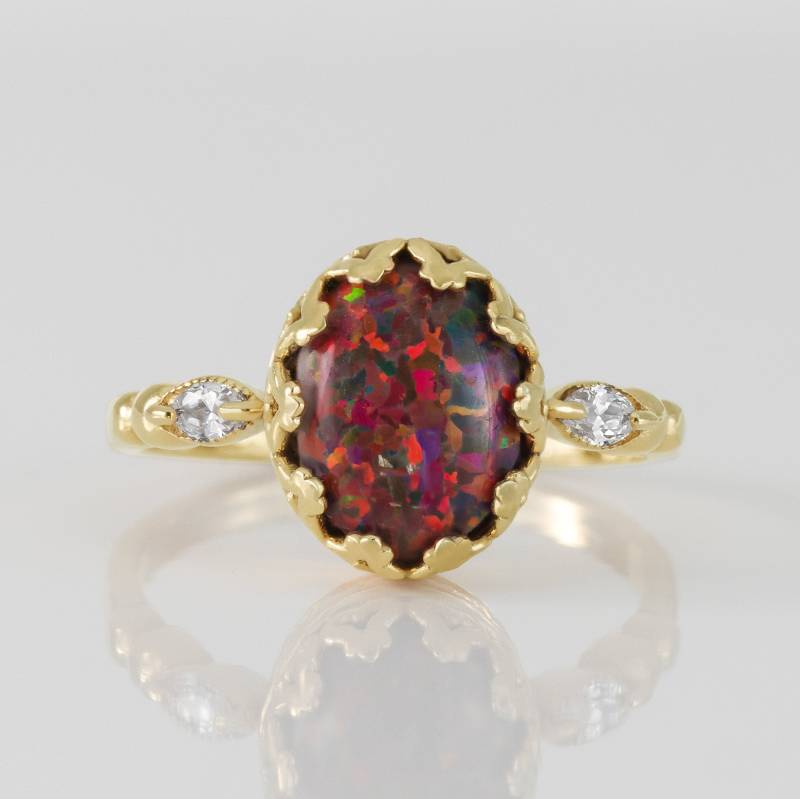 Feueropal Ring - Roter Opal Statement Vintage Ovaler Kronen Zargenring Goldring Edelstein Schmuck von HolyLandJewelry