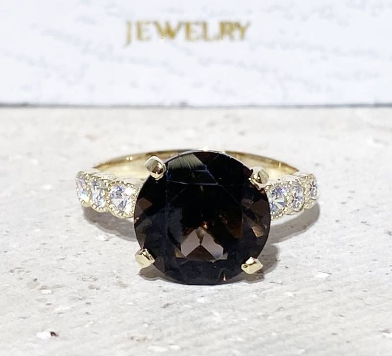 Rauchquarz Ring - Echter Edelstein Gold Statement Verlobungsring Brauner Party Runder Cocktail von HolyLandJewelry