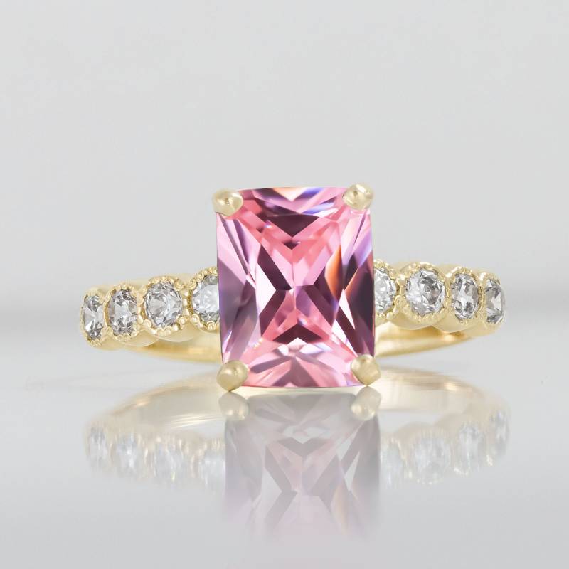 Rosenquarz Ring - Goldring Statement Oktober Geburtsstein Cocktail Edelstein Band Verlobungsring Rechteck von HolyLandJewelry