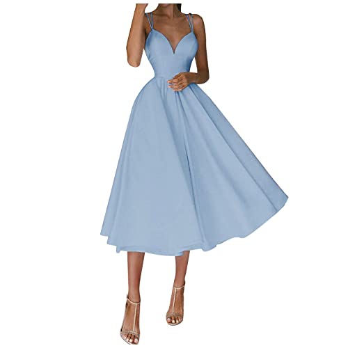 Damen Träger dünne Kleid Dekolleté Kleid Sommer Kleid Cocktailkleid Business Kleid V-Ausschnitt Kleid für Damen Ausschnitt Herz Kleid Empire Taille Dekolleté Sommerkleid Cocktailkleid, 01 - Blau, von Holywim