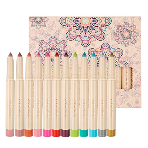 Holzsammlung 12 Farben Lidschatten Stift Set, Wasserdichter Matte Perlmuttartiger Pencil Crayon Creme Makeup Augenaufheller Stick Langanhaltende Schimmer Drehbar Lidschattenstift mit Anspitzer, A von Holzsammlung