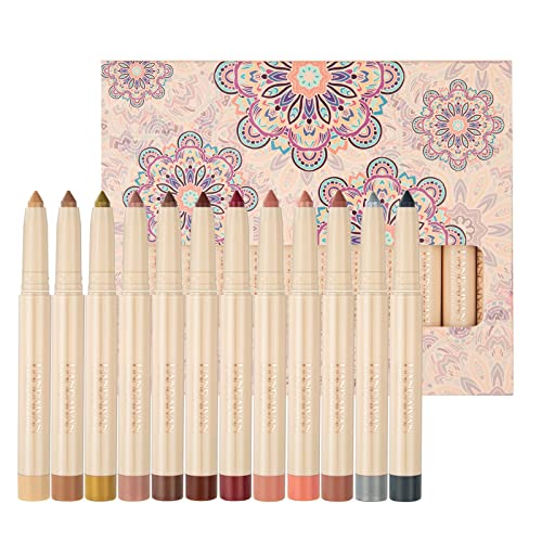 Holzsammlung 12 Farben Lidschatten Stift Set, Wasserdichter Matte Perlmuttartiger Pencil Crayon Creme Makeup Augenaufheller Stick Langanhaltende Schimmer Drehbar Lidschattenstift mit Anspitzer, B von Holzsammlung