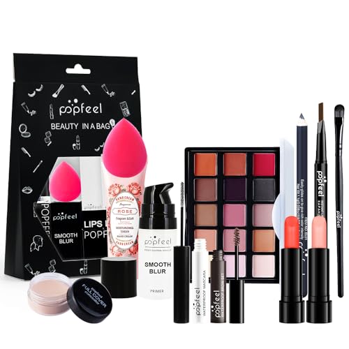 Holzsammlung 12 Stück Mehrzweck Make-up-Sets,Kosmetik Starter Kit mit Lidschatten Palette Augenbrauenstift Lippenstift Concealer Geschenkset Für Frauen und Mädchen von Holzsammlung