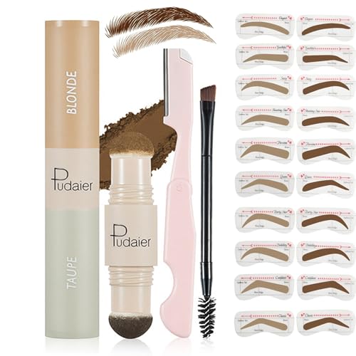 Holzsammlung Augenbrauen Stempel Schablone, 2 Farben in 1 Eyebrow Powder Stamp, mit 10 Schablonen, Augenbrauenpinsel und Augenbrauentrimmer(Blond und Taupe) von Holzsammlung