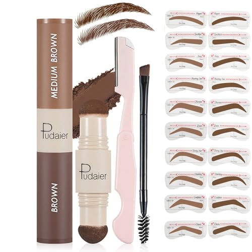 Holzsammlung Augenbrauen Stempel Schablone, 2 Farben in 1 Eyebrow Powder Stamp, mit 10 Schablonen, Augenbrauenpinsel und Augenbrauentrimmer(Braun und Mittelbraun) von Holzsammlung