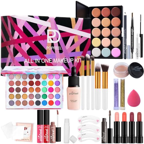 Holzsammlung Schminkset Frauen, Tragbares Reise-Kosmetik Set, Multifunktions Kosmetik Geschenkset, mit Lidschatten-Palette, Lippenstift, Eyeliner, Concealer, Augenbrauenschablone (E05) von Holzsammlung