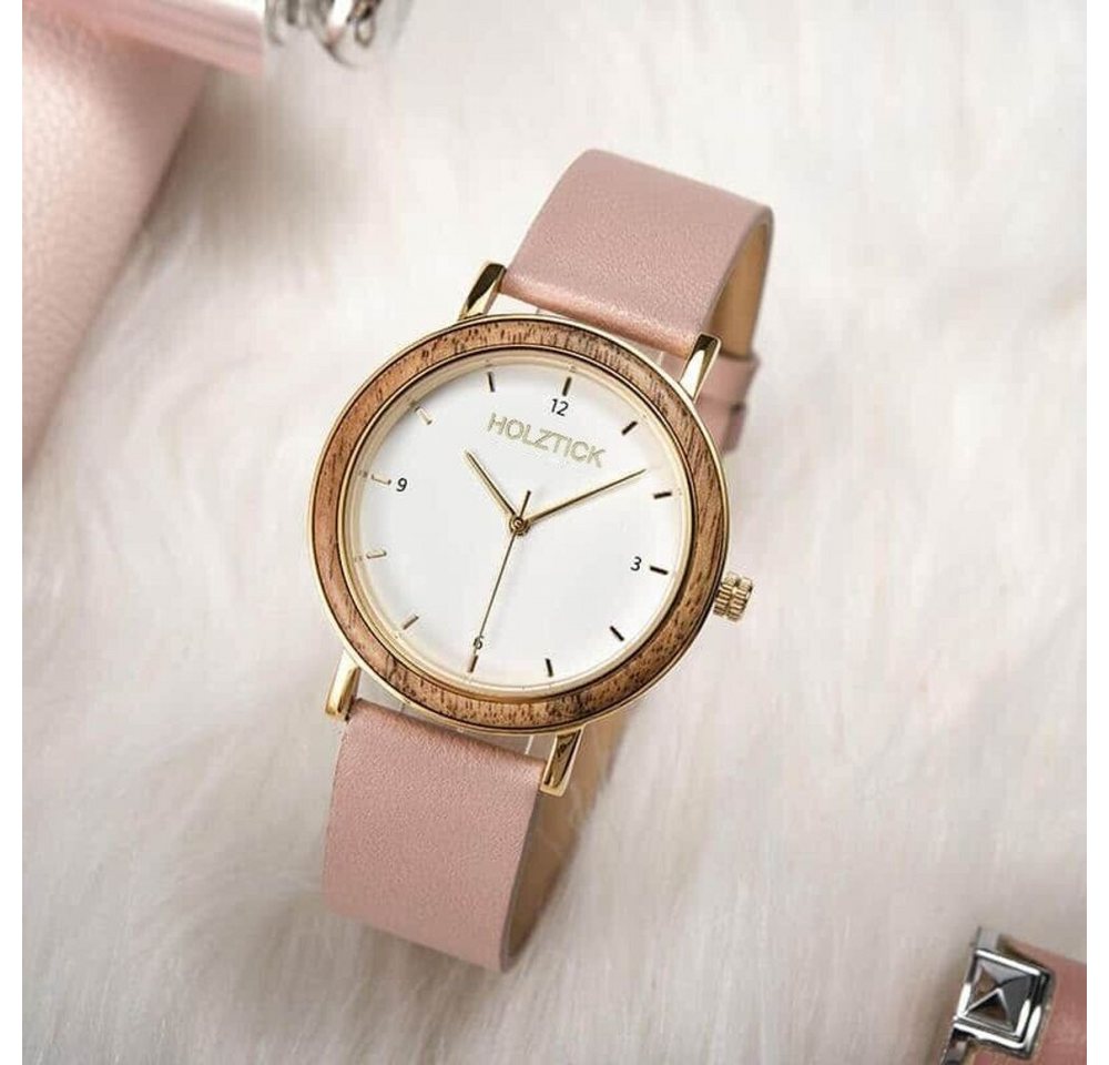 Holztick Bavaria Quarzuhr Erika rosé ERIKA ROSÉ, Damenuhr mit Walnussholz und Echtleder- Armband von Holztick Bavaria