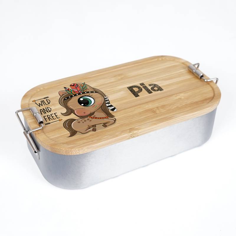 Lunchbox Personalisiert, Brotdose Für Kinder Bedruckt Mit Name, Brotbox Kindergarten, Dose Aus Edelstahl Bambusdeckel, Motiv Pferd von Holzura