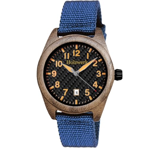Handgefertigte Holzwerk Designer Damen-Uhr Herren-Uhr Öko Natur Holz-Uhr Armband-Uhr Analog Klassisch Quarz-Uhr in Blau Schwarz Braun Orange Datum mit Textil Nylon Armband von Holzwerk Germany