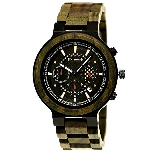 Holzwerk Germany Handgefertigte Designer Herren-Uhr Öko Natur Holz-Uhr Chronograph Armband-Uhr Analog Quarz-Uhr Braun Grün Schwarz Gold Datum Holz Ziffernblatt von Holzwerk Germany