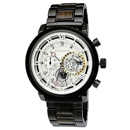 Holzwerk Germany Handgefertigte Designer Herren-Uhr Öko Natur Holz-Uhr Chronograph Armband-Uhr Analog Quarz-Uhr Braun Schwarz Römische Ziffern Datum Holz Ziffernblatt (Silber) von Holzwerk Germany