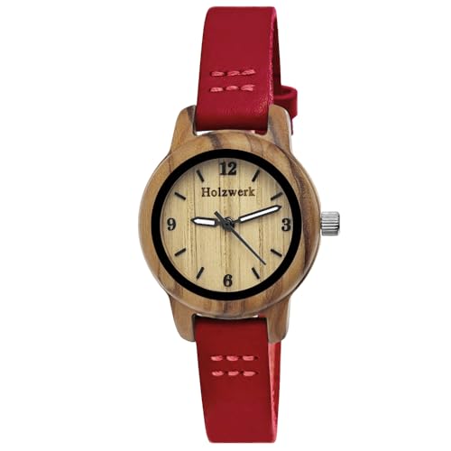 Handgefertigte Holzwerk Mädchen-Uhr Jungen-Uhr Kinderuhr Öko Natur Holz-Uhr Leder Kinder Uhr Armband-Uhr Analog Klassisch Quarz-Uhr in Türkis Braun (Braun.Rot) von Holzwerk Germany
