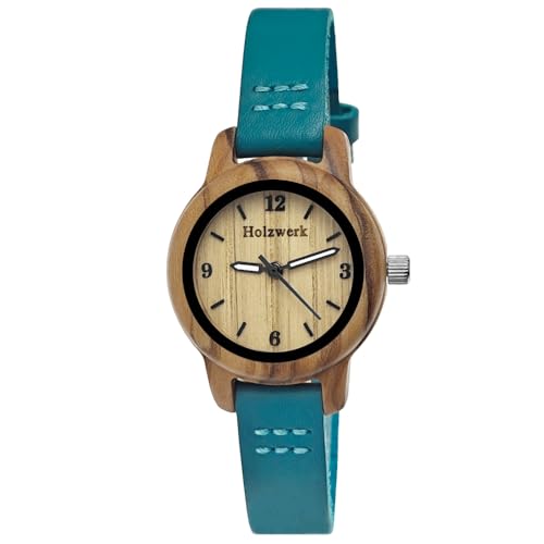 Handgefertigte Holzwerk Mädchen-Uhr Jungen-Uhr Kinderuhr Öko Natur Holz-Uhr Leder Kinder Uhr Armband-Uhr Analog Klassisch Quarz-Uhr in Türkis Braun von Holzwerk Germany