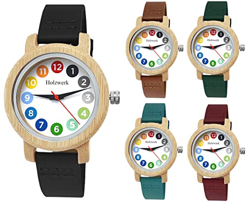 Holzwerk Germany® Mädchen-Uhr Kinder-Uhr Jungen-Uhr Öko Natur Holz-Uhr Lern-Uhr Leder Armband-Uhr Analog Klassisch Quarz-Uhr in Blau Schwarz Grün Rot Türkis Braun Weiß Bunt (Schwarz..) von Holzwerk Germany