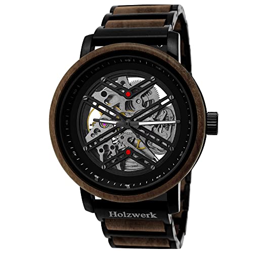 Holzwerk Germany Handgefertigte Automatik Herren-Uhr Öko Natur Holz-Uhr Holz Armband-Uhr Braun Schwarz Silber Analog (Schwarz.) von Holzwerk Germany