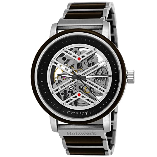 Holzwerk Germany Handgefertigte Automatik Herren-Uhr Öko Natur Holz-Uhr Holz Armband-Uhr Braun Schwarz Silber Analog (Schwarz.Silber) von Holzwerk Germany