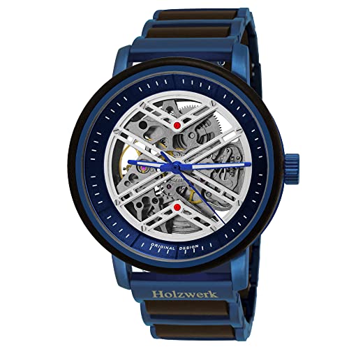 Holzwerk Germany Handgefertigte Automatik Herren-Uhr Öko Natur Holz-Uhr Holz Armband-Uhr Braun Schwarz Silber Analog (Blau.Schwarz) von Holzwerk Germany