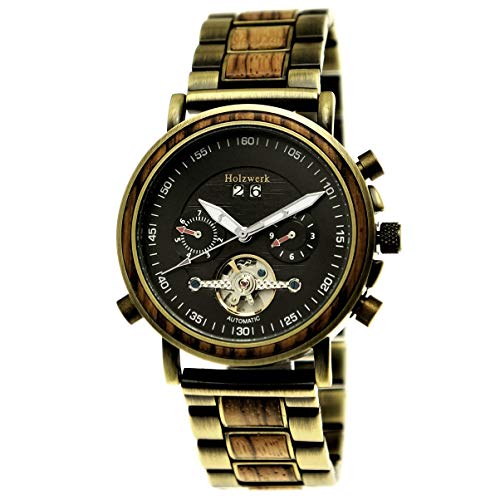Holzwerk Germany Handgefertigte Automatik Herren-Uhr Öko Natur Holz-Uhr Holz Armband-Uhr Gold Braun Schwarz Weiß Analog Datum Anzeige von Holzwerk Germany