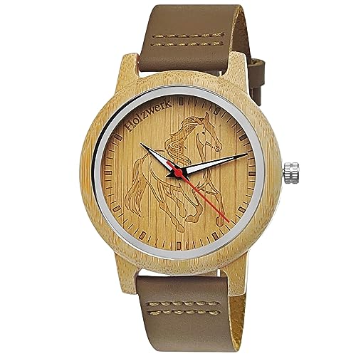 Holzwerk Germany Handgefertigte Damen-Uhr Herren-Uhr Unisex Öko Natur Holz-Uhr Leder Armband-Uhr Analog Quarz-Uhr mit Pferde Pony Motiv Uhr in Braun von Holzwerk Germany