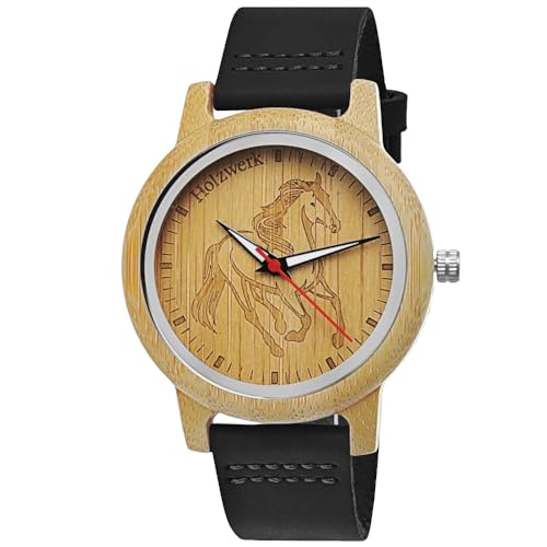 Holzwerk Germany Handgefertigte Damen-Uhr Herren-Uhr Unisex Öko Natur Holz-Uhr Leder Armband-Uhr Analog Quarz-Uhr mit Pferde Pony Motiv Uhr in Schwarz Braun von Holzwerk Germany