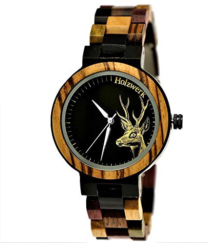 Holzwerk Germany Handgefertigte Damen-Uhr Öko Natur Holz-Uhr Holz Armband-Uhr Braun Schwarz Zebra Muster Analog Quarz-Uhr mit Hirsch Motiv (Hirsch-Braun-Zebra.Damen) von Holzwerk Germany