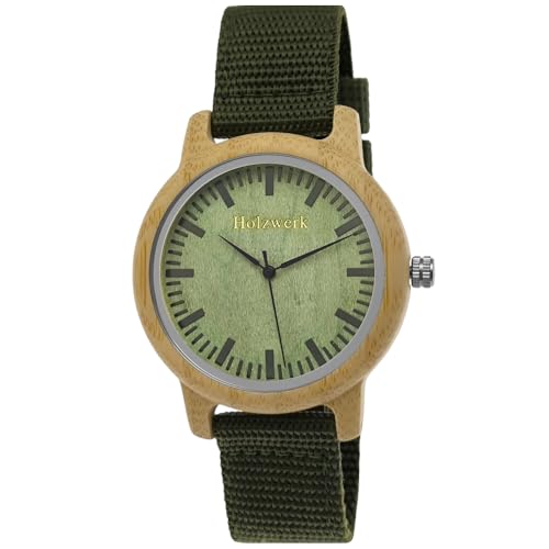 Holzwerk Germany Handgefertigte Designer Damen-Uhr Herren-Uhr Öko Natur Holz-Uhr Armband-Uhr Analog Klassisch Quarz-Uhr in Grün mit Textil-Nylon Armband von Holzwerk Germany