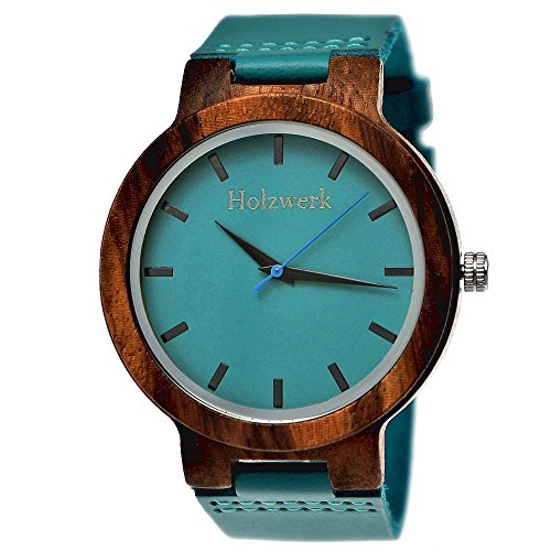 Holzwerk Germany Handgefertigte Designer Damen-Uhr Herren-Uhr Öko Natur Holz-Uhr Leder Armband-Uhr Analog Blau Türkis (...Türkis...) von Holzwerk Germany