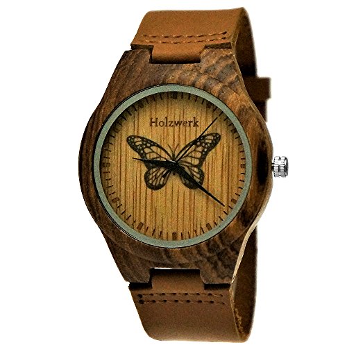 Holzwerk Germany Handgefertigte Designer Damen-Uhr Herren-Uhr Öko Natur Holz-Uhr Leder Armband-Uhr Analog Klassisch Quarz-Uhr Braun mit Schmetterling Butterfly Natur (Braun..) von Holzwerk Germany