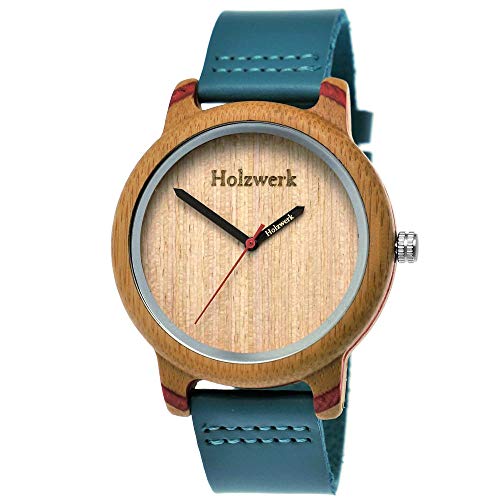 Holzwerk Germany Handgefertigte Designer Damen-Uhr Herren-Uhr Öko Natur Holz-Uhr Leder Armband-Uhr Analog Klassisch Quarz-Uhr in Blau Türkis Rot Braun von Holzwerk Germany