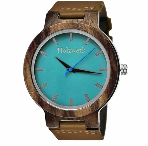 Holzwerk Germany Handgefertigte Designer Damen-Uhr Herren-Uhr Öko Natur Holz-Uhr Leder Armband-Uhr Analog Klassisch Quarz-Uhr in Braun Blau Türkis von Holzwerk Germany