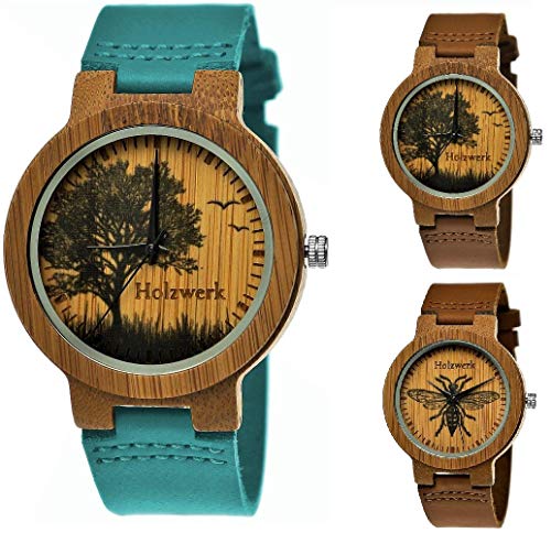 Holzwerk Germany Handgefertigte Designer Damen-Uhr Herren-Uhr Öko Natur Holz-Uhr Leder Armband-Uhr Save The Trees Analog Klassisch Quarz-Uhr Braun Baum Natur Motiv Limitiert (Baum.türkis.braun.,) von Holzwerk Germany