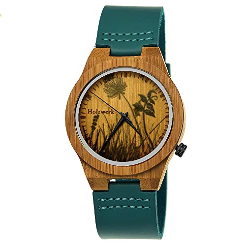 Holzwerk Germany Handgefertigte Designer Damen-Uhr Herren-Uhr Öko Natur Holz-Uhr Leder Armband-Uhr Save The Trees Analog Quarz-Uhr Braun Blau Türkis Blumen Blümchen Natur Motiv von Holzwerk Germany