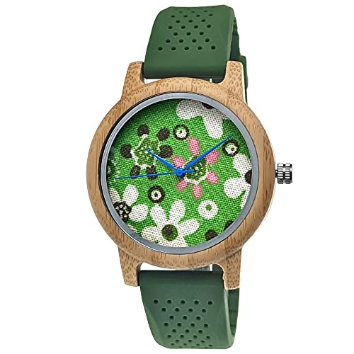 Holzwerk Germany Handgefertigte Designer Damen-Uhr Öko Natur Holz-Uhr Armband-Uhr Analog Klassisch Quarz-Uhr Grün Silikon Kautschuk Armband und Blumen Baumwoll Ziffernblatt (Grün.Blumen) von Holzwerk Germany