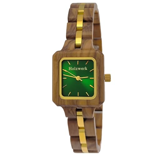Holzwerk Germany Handgefertigte Designer Damen-Uhr Öko Natur Holz-Uhr Braun Grün Gold Holz Armband-Uhr Analog Eckig Klassisch Quarz-Uhr von Holzwerk Germany